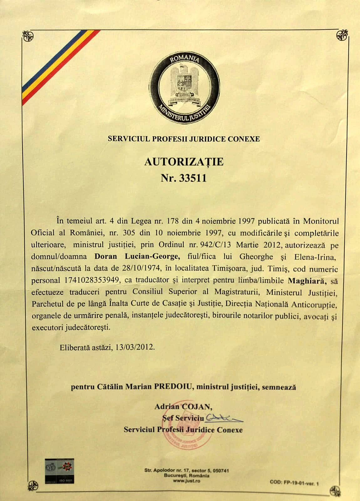 Traducator Doran Lucian - George, din Timis